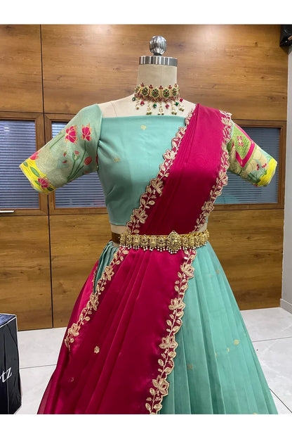 Beautiful South Indian Style Half Saree with Blouse and Dupatta for Women | Ruhana