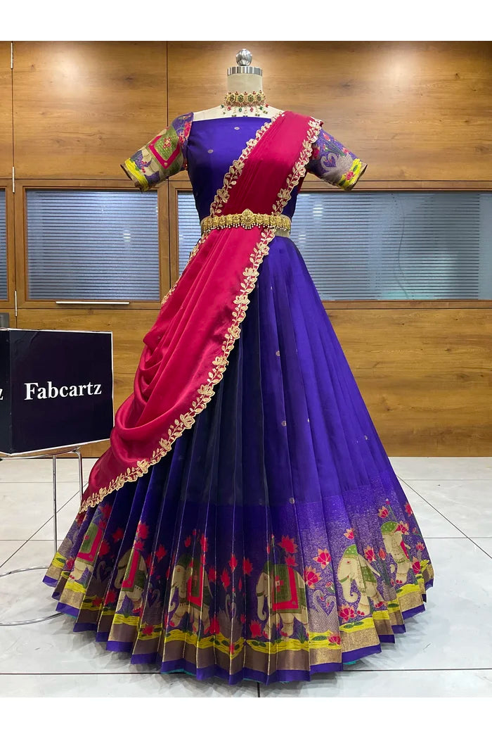 Beautiful South Indian Style Half Saree with Blouse and Dupatta for Women | Ruhana