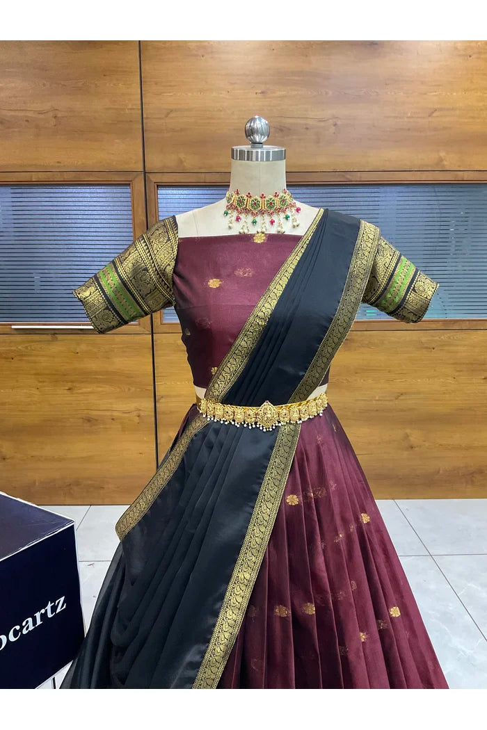 Beautiful South Indian Style Semi-Stitched Half Saree with Blouse and Dupatta for Women | Regal