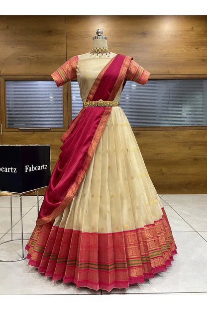 Beautiful South Indian Style Semi-Stitched Half Saree with Blouse and Dupatta for Women | Regal