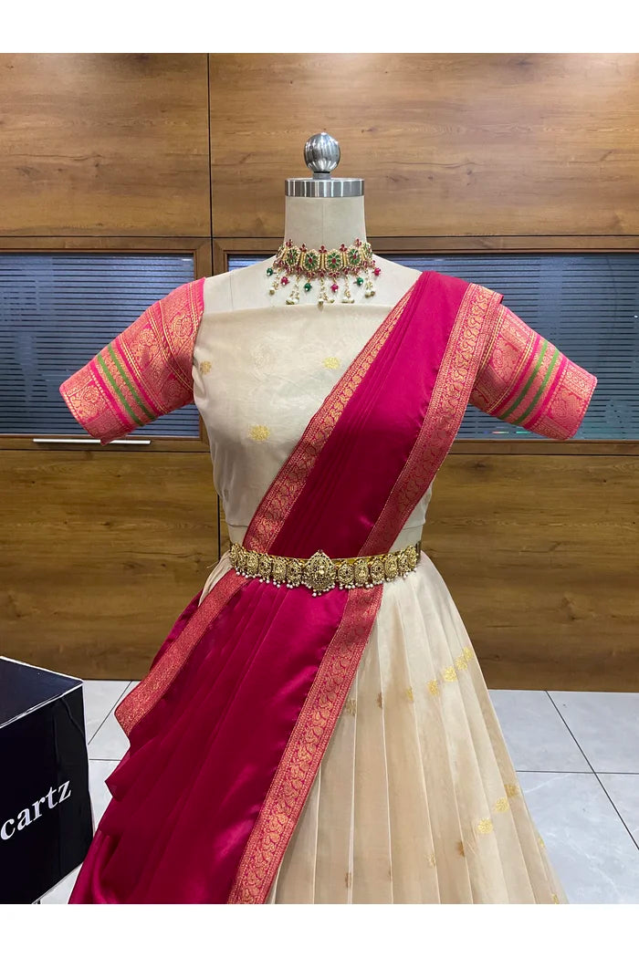 Beautiful South Indian Style Semi-Stitched Half Saree with Blouse and Dupatta for Women | Regal