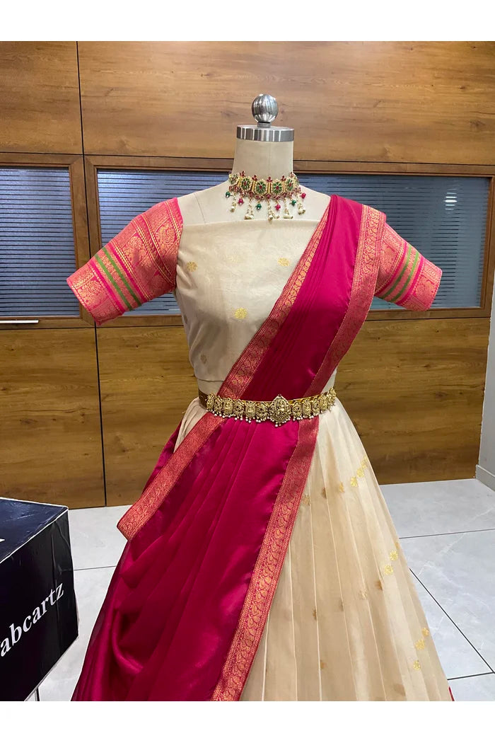 Beautiful South Indian Style Semi-Stitched Half Saree with Blouse and Dupatta for Women | Regal