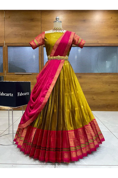 Beautiful South Indian Style Semi-Stitched Half Saree with Blouse and Dupatta for Women | Regal