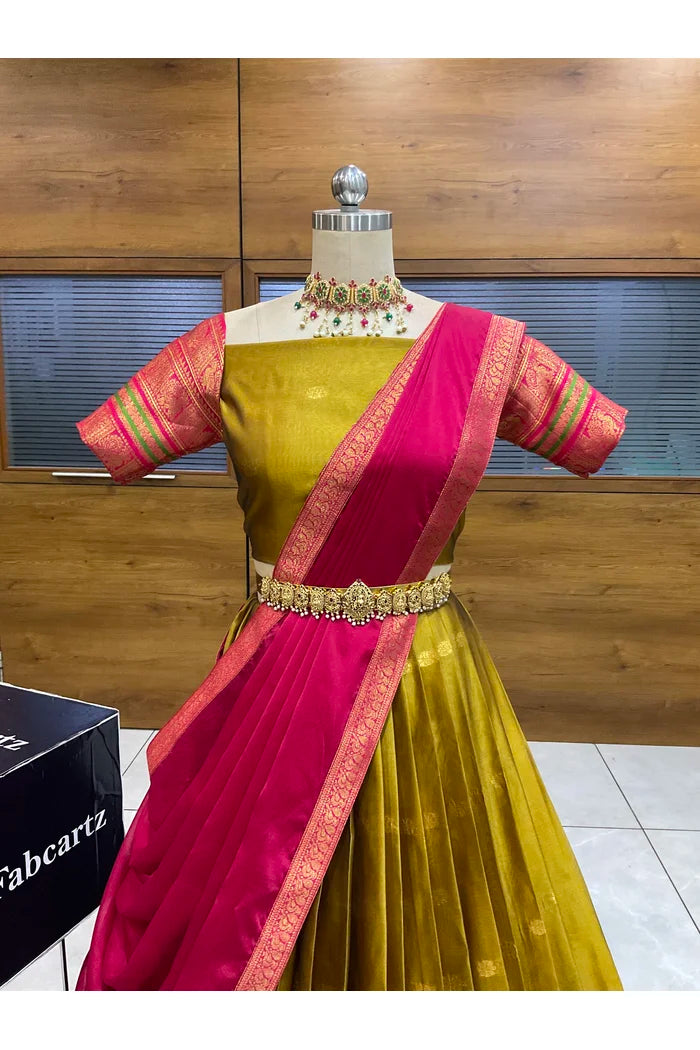 Beautiful South Indian Style Semi-Stitched Half Saree with Blouse and Dupatta for Women | Regal