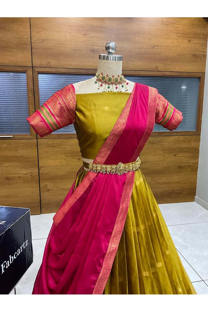 Beautiful South Indian Style Semi-Stitched Half Saree with Blouse and Dupatta for Women | Regal