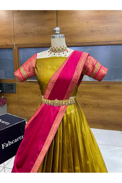 Beautiful South Indian Style Semi-Stitched Half Saree with Blouse and Dupatta for Women | Regal