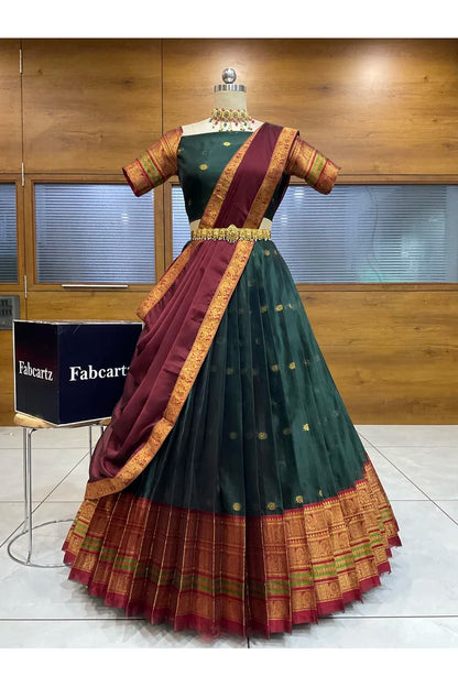 Beautiful South Indian Style Semi-Stitched Half Saree with Blouse and Dupatta for Women | Regal