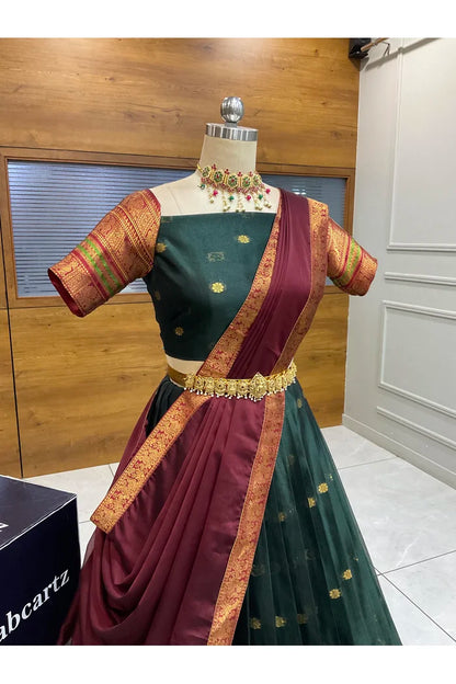 Beautiful South Indian Style Semi-Stitched Half Saree with Blouse and Dupatta for Women | Regal