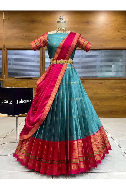 Beautiful South Indian Style Semi-Stitched Half Saree with Blouse and Dupatta for Women | Regal