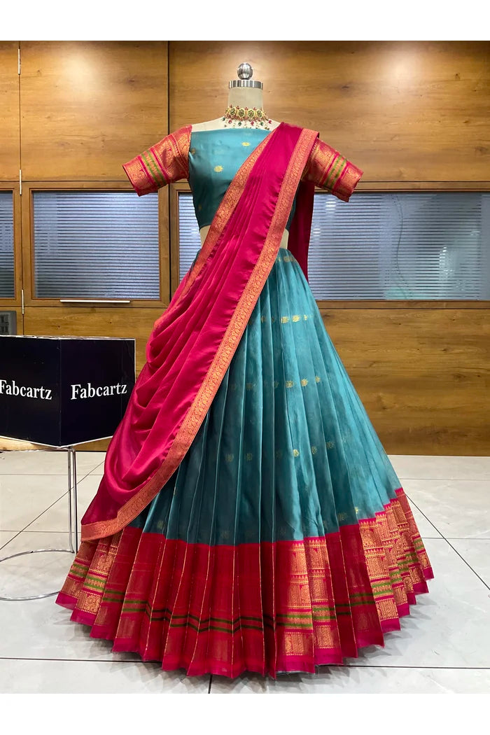 Beautiful South Indian Style Semi-Stitched Half Saree with Blouse and Dupatta for Women | Regal