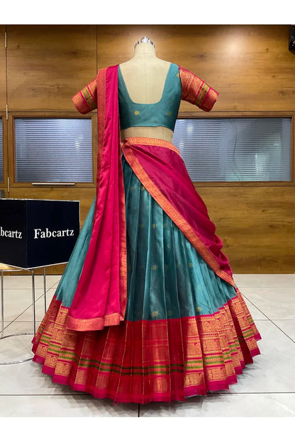Beautiful South Indian Style Semi-Stitched Half Saree with Blouse and Dupatta for Women | Regal