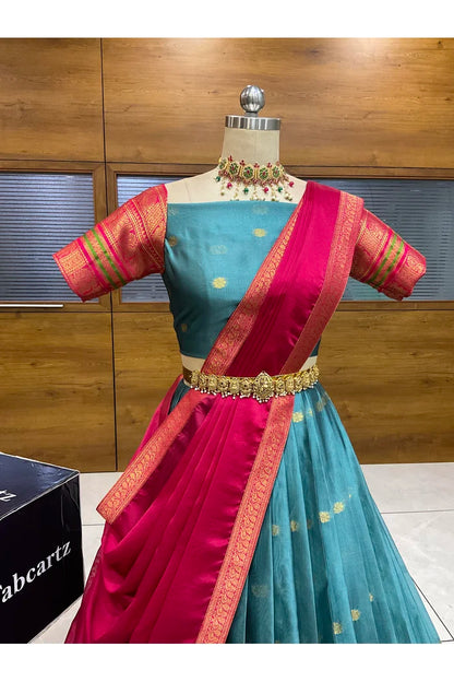 Beautiful South Indian Style Semi-Stitched Half Saree with Blouse and Dupatta for Women | Regal