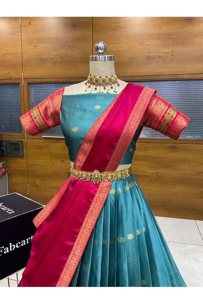 Beautiful South Indian Style Semi-Stitched Half Saree with Blouse and Dupatta for Women | Regal