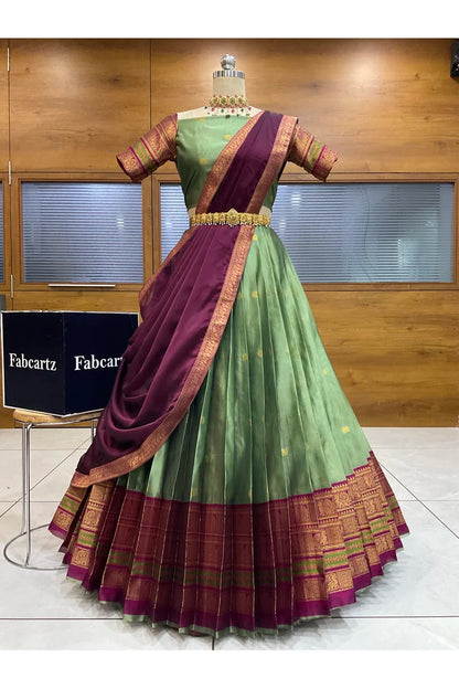 Beautiful South Indian Style Semi-Stitched Half Saree with Blouse and Dupatta for Women | Regal