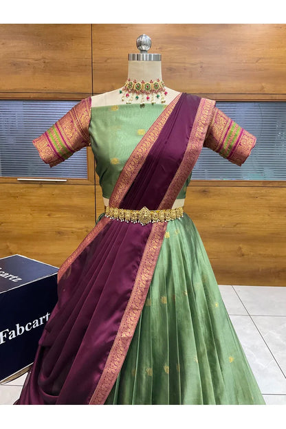 Beautiful South Indian Style Semi-Stitched Half Saree with Blouse and Dupatta for Women | Regal