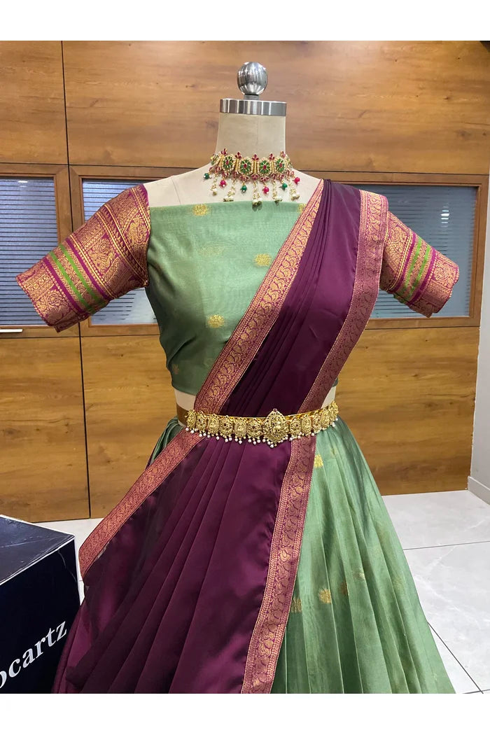 Beautiful South Indian Style Semi-Stitched Half Saree with Blouse and Dupatta for Women | Regal