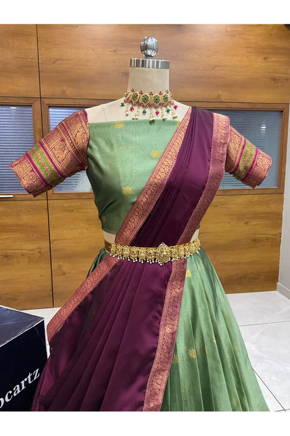 Beautiful South Indian Style Semi-Stitched Half Saree with Blouse and Dupatta for Women | Regal