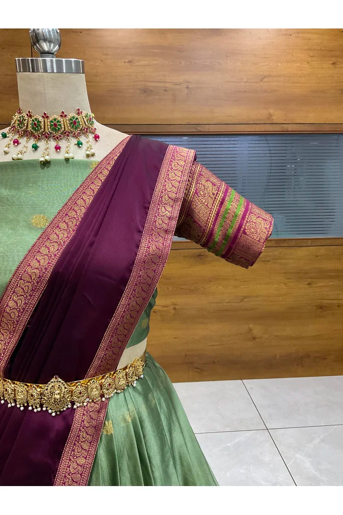 Beautiful South Indian Style Semi-Stitched Half Saree with Blouse and Dupatta for Women | Regal