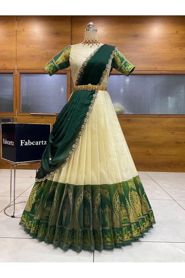 Beautiful South Indian Style Semi-Stitched Half Saree with Blouse and Dupatta for Women | Nilkanth