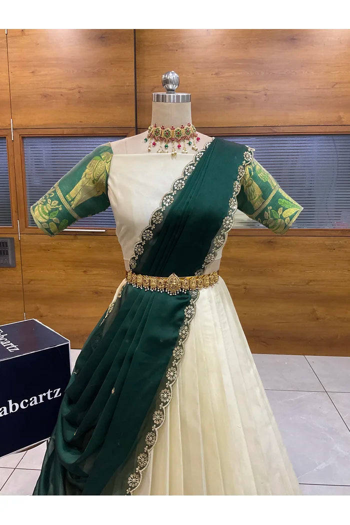 Beautiful South Indian Style Semi-Stitched Half Saree with Blouse and Dupatta for Women | Nilkanth
