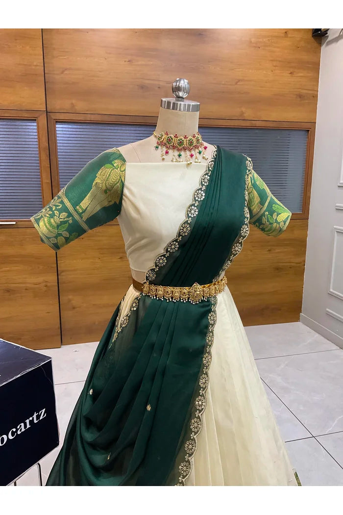 Beautiful South Indian Style Semi-Stitched Half Saree with Blouse and Dupatta for Women | Nilkanth
