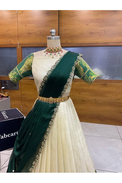 Beautiful South Indian Style Semi-Stitched Half Saree with Blouse and Dupatta for Women | Nilkanth