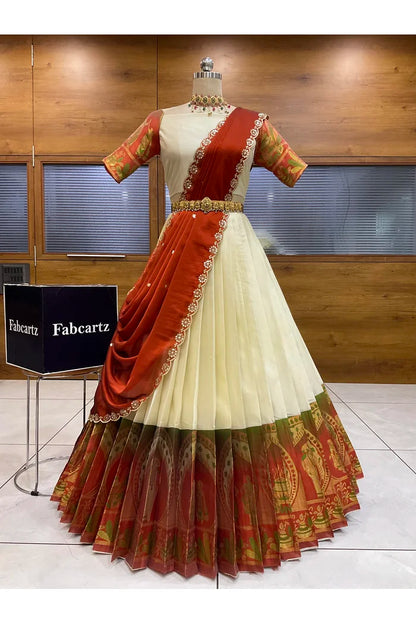 Beautiful South Indian Style Semi-Stitched Half Saree with Blouse and Dupatta for Women | Nilkanth