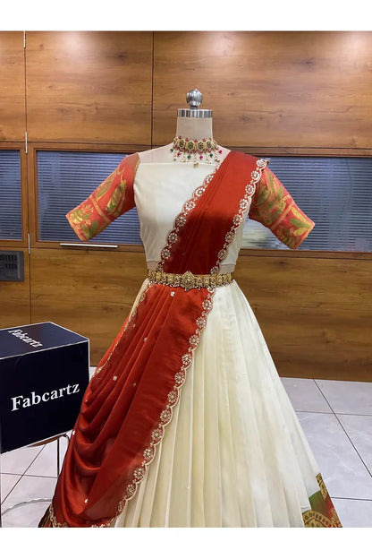 Beautiful South Indian Style Semi-Stitched Half Saree with Blouse and Dupatta for Women | Nilkanth