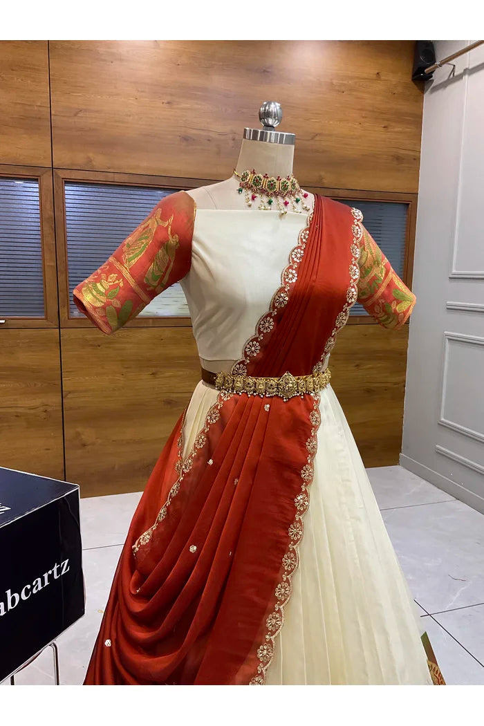 Beautiful South Indian Style Semi-Stitched Half Saree with Blouse and Dupatta for Women | Nilkanth