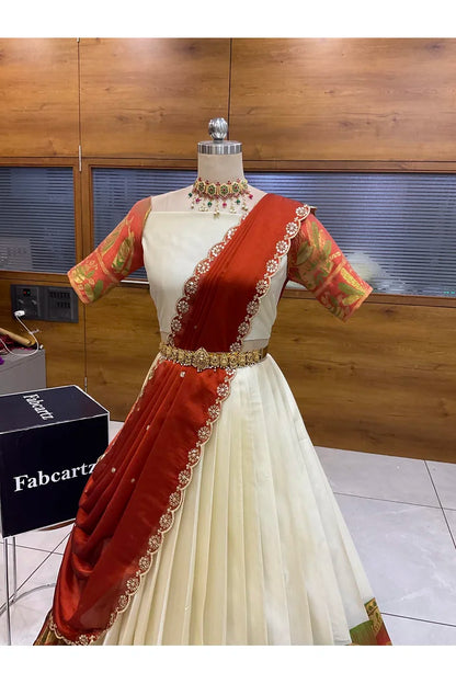 Beautiful South Indian Style Semi-Stitched Half Saree with Blouse and Dupatta for Women | Nilkanth