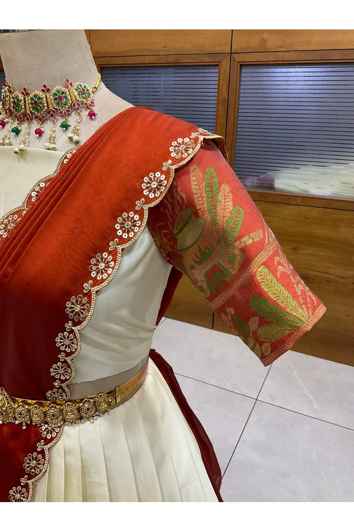 Beautiful South Indian Style Semi-Stitched Half Saree with Blouse and Dupatta for Women | Nilkanth