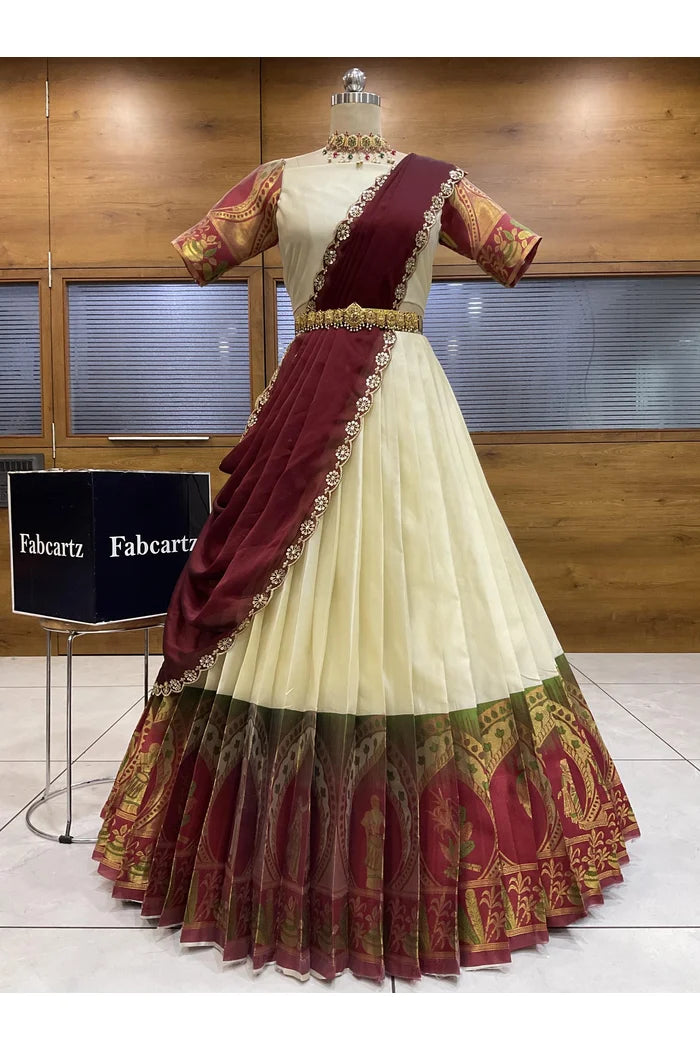 Beautiful South Indian Style Semi-Stitched Half Saree with Blouse and Dupatta for Women | Nilkanth