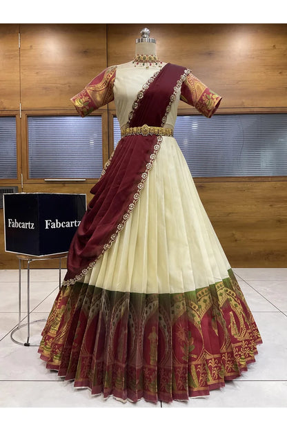Beautiful South Indian Style Semi-Stitched Half Saree with Blouse and Dupatta for Women | Nilkanth