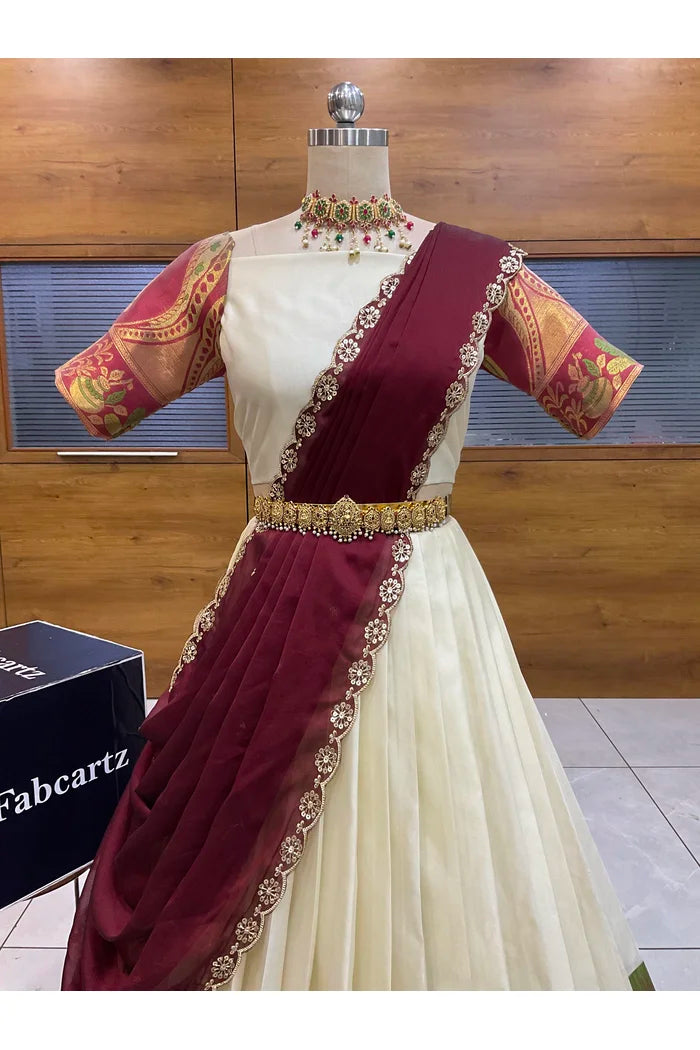Beautiful South Indian Style Semi-Stitched Half Saree with Blouse and Dupatta for Women | Nilkanth