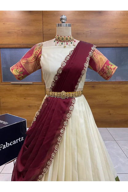 Beautiful South Indian Style Semi-Stitched Half Saree with Blouse and Dupatta for Women | Nilkanth