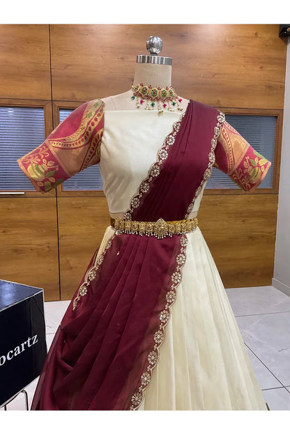Beautiful South Indian Style Semi-Stitched Half Saree with Blouse and Dupatta for Women | Nilkanth