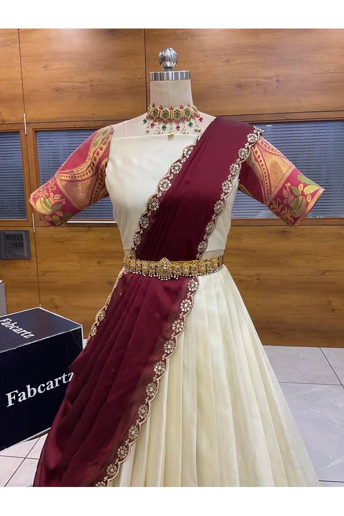 Beautiful South Indian Style Semi-Stitched Half Saree with Blouse and Dupatta for Women | Nilkanth