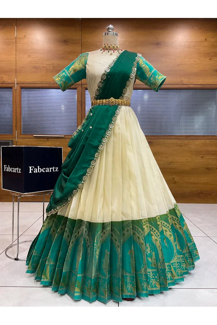Beautiful South Indian Style Semi-Stitched Half Saree with Blouse and Dupatta for Women | Nilkanth