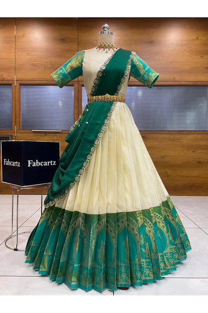 Beautiful South Indian Style Semi-Stitched Half Saree with Blouse and Dupatta for Women | Nilkanth