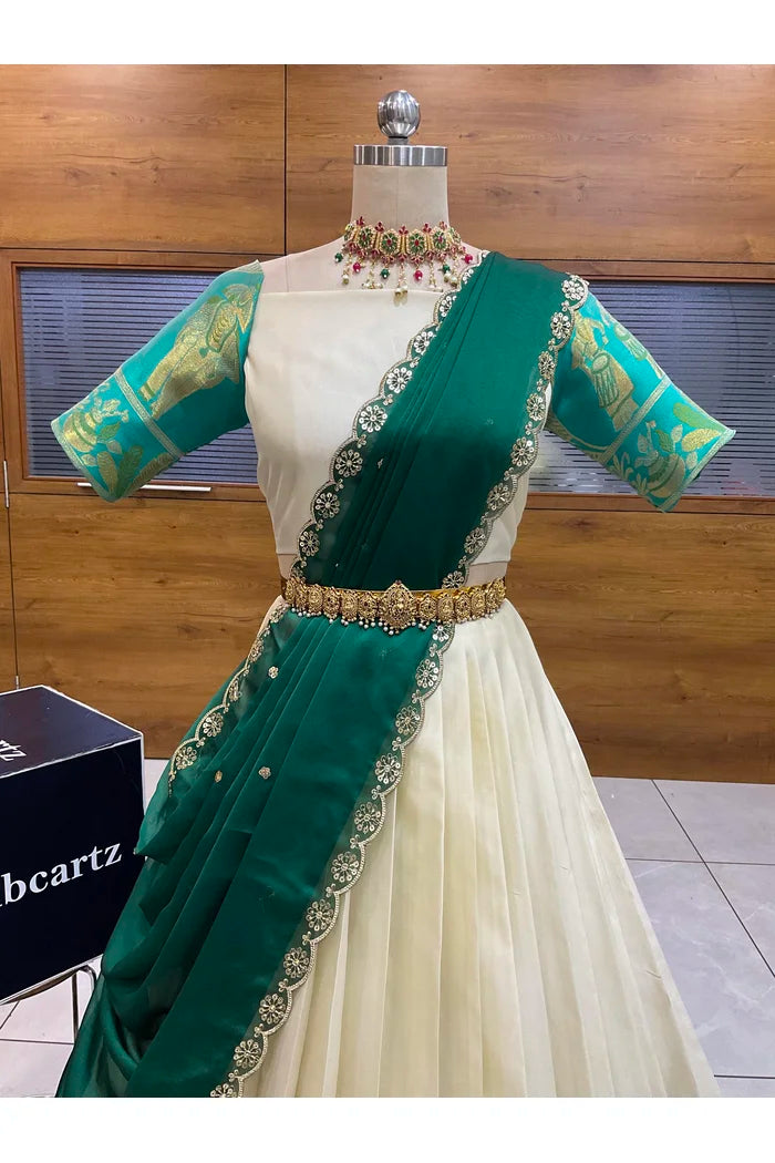 Beautiful South Indian Style Semi-Stitched Half Saree with Blouse and Dupatta for Women | Nilkanth