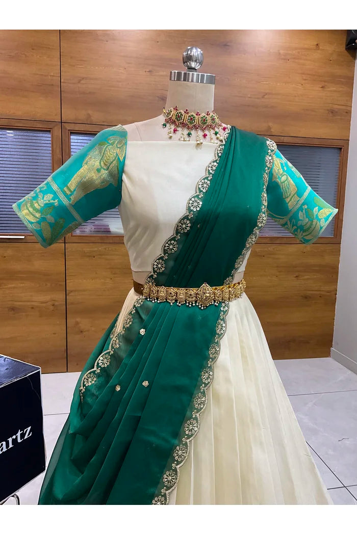 Beautiful South Indian Style Semi-Stitched Half Saree with Blouse and Dupatta for Women | Nilkanth