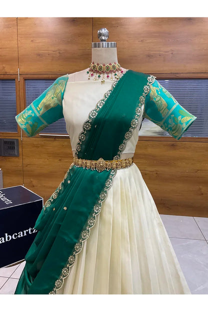 Beautiful South Indian Style Semi-Stitched Half Saree with Blouse and Dupatta for Women | Nilkanth