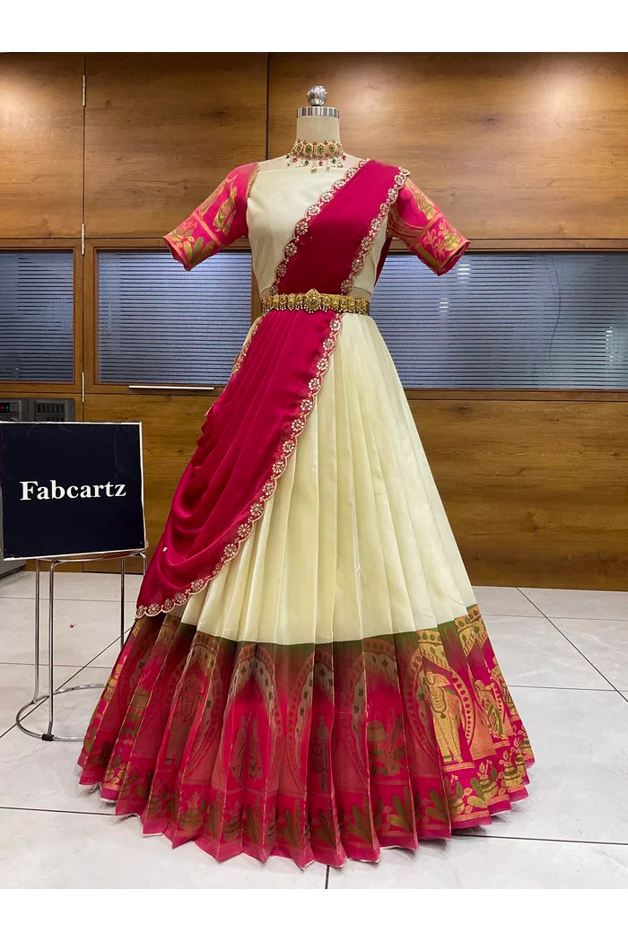 Beautiful South Indian Style Semi-Stitched Half Saree with Blouse and Dupatta for Women | Nilkanth