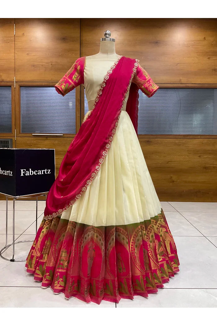 Beautiful South Indian Style Semi-Stitched Half Saree with Blouse and Dupatta for Women | Nilkanth