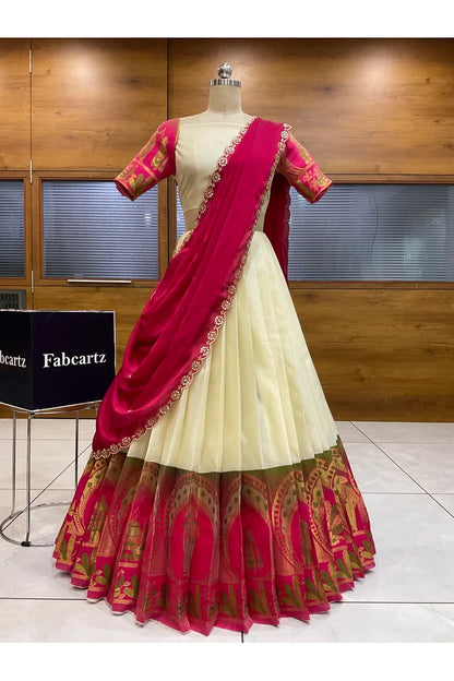 Beautiful South Indian Style Semi-Stitched Half Saree with Blouse and Dupatta for Women | Nilkanth