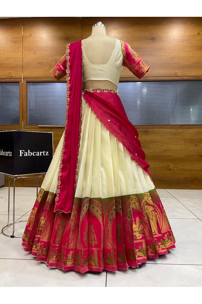 Beautiful South Indian Style Semi-Stitched Half Saree with Blouse and Dupatta for Women | Nilkanth