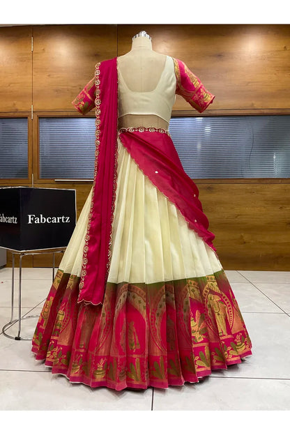 Beautiful South Indian Style Semi-Stitched Half Saree with Blouse and Dupatta for Women | Nilkanth