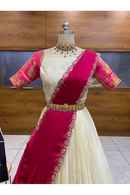 Beautiful South Indian Style Semi-Stitched Half Saree with Blouse and Dupatta for Women | Nilkanth