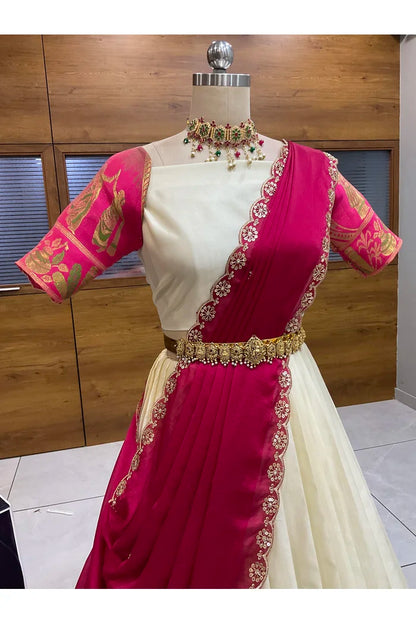 Beautiful South Indian Style Semi-Stitched Half Saree with Blouse and Dupatta for Women | Nilkanth