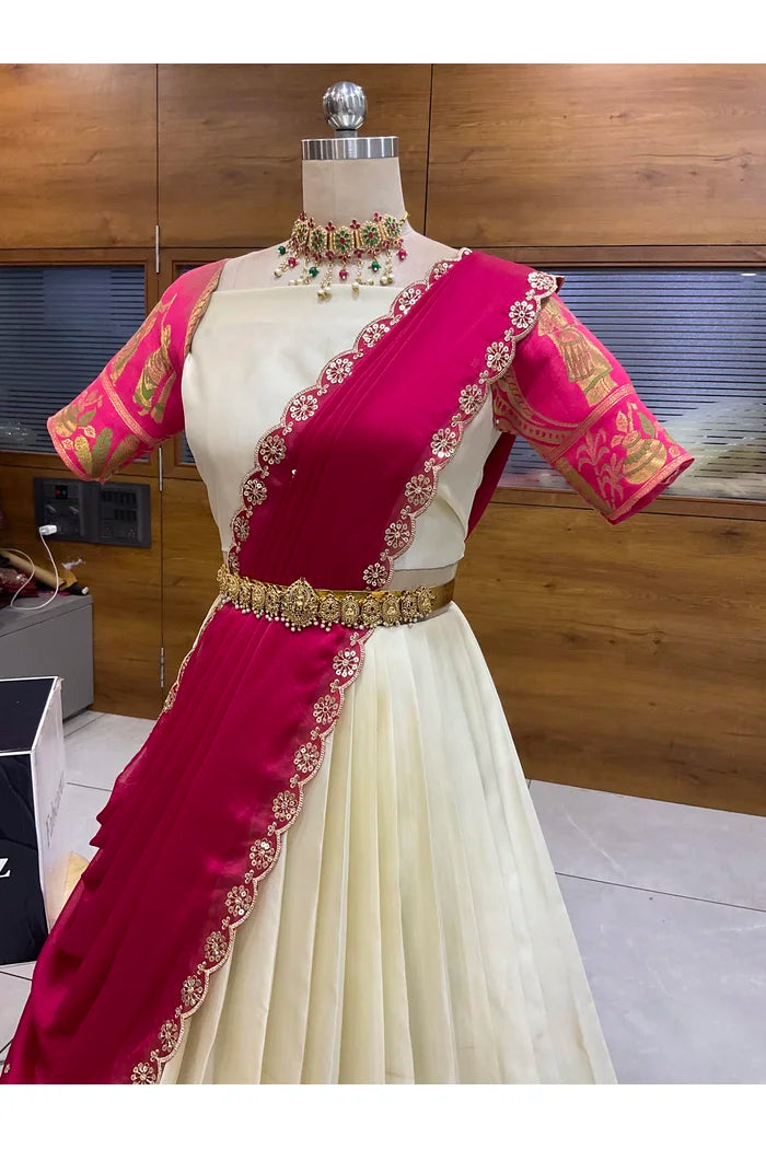Beautiful South Indian Style Semi-Stitched Half Saree with Blouse and Dupatta for Women | Nilkanth
